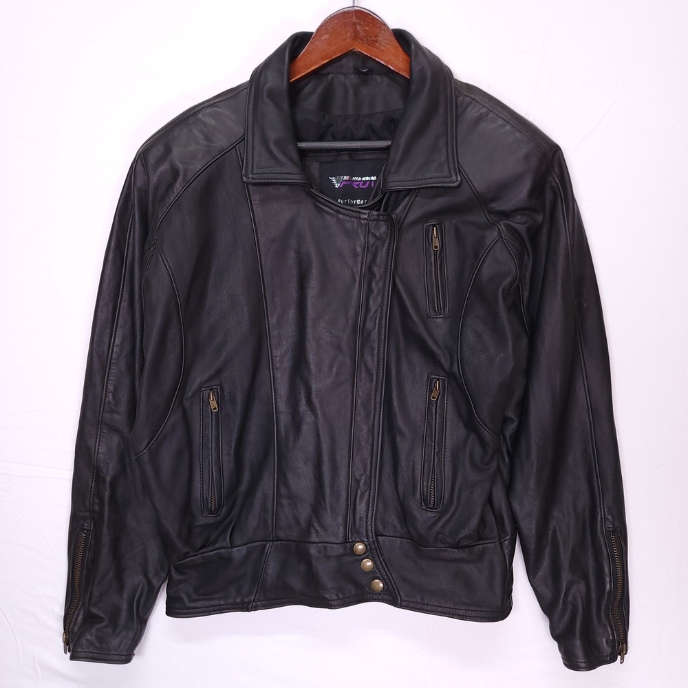 Protech Performance Leather Jacket Womens Large Black Moto Bomber Made in USA